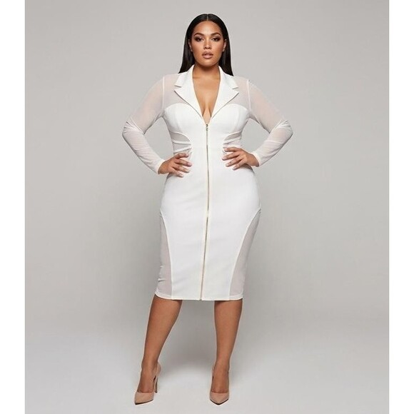 Curvy Sense Dresses & Skirts - Curvy Sense Blazer Bodycon Dress Womens 2XL Ivory Sheer Mesh Cutout Zip Sexy